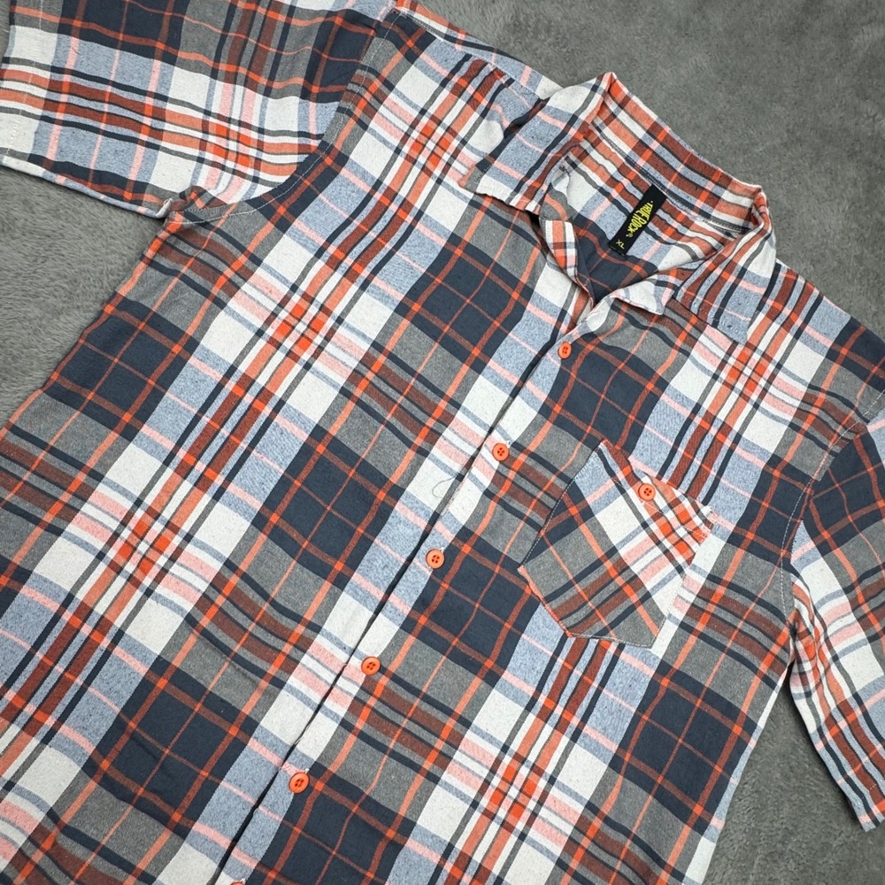 True Rock Plaid Shirt Mens XL Orange Blue Short Sleeve Excellent Button Down